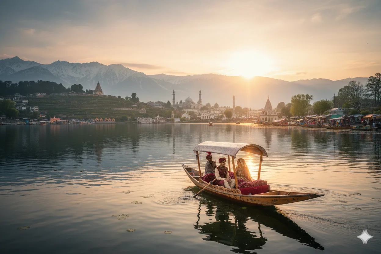 Shikara gliding across Dal Lake at sunrise
