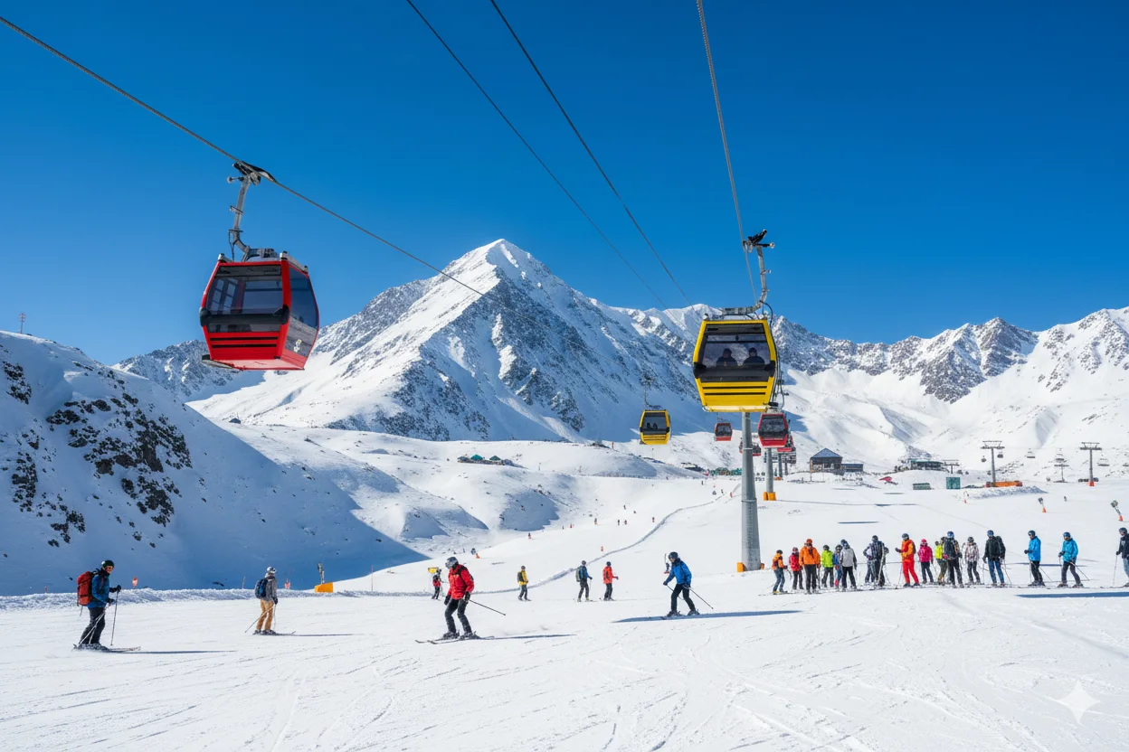 Gondola above snowy ski slopes in Gulmarg