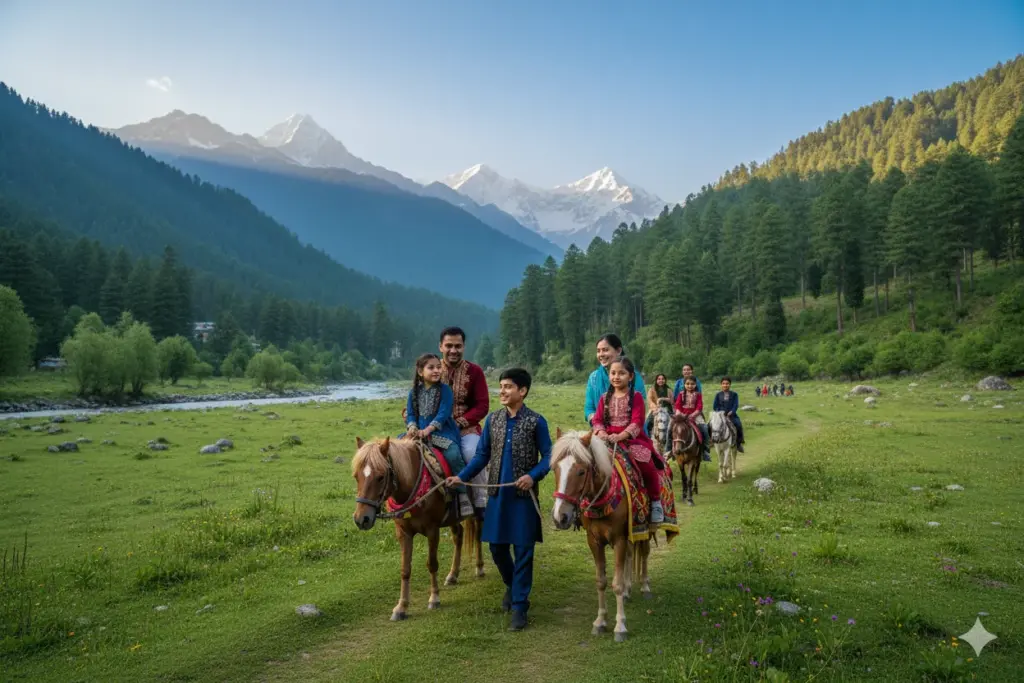 Pony rides across a meadow near Pahalgam