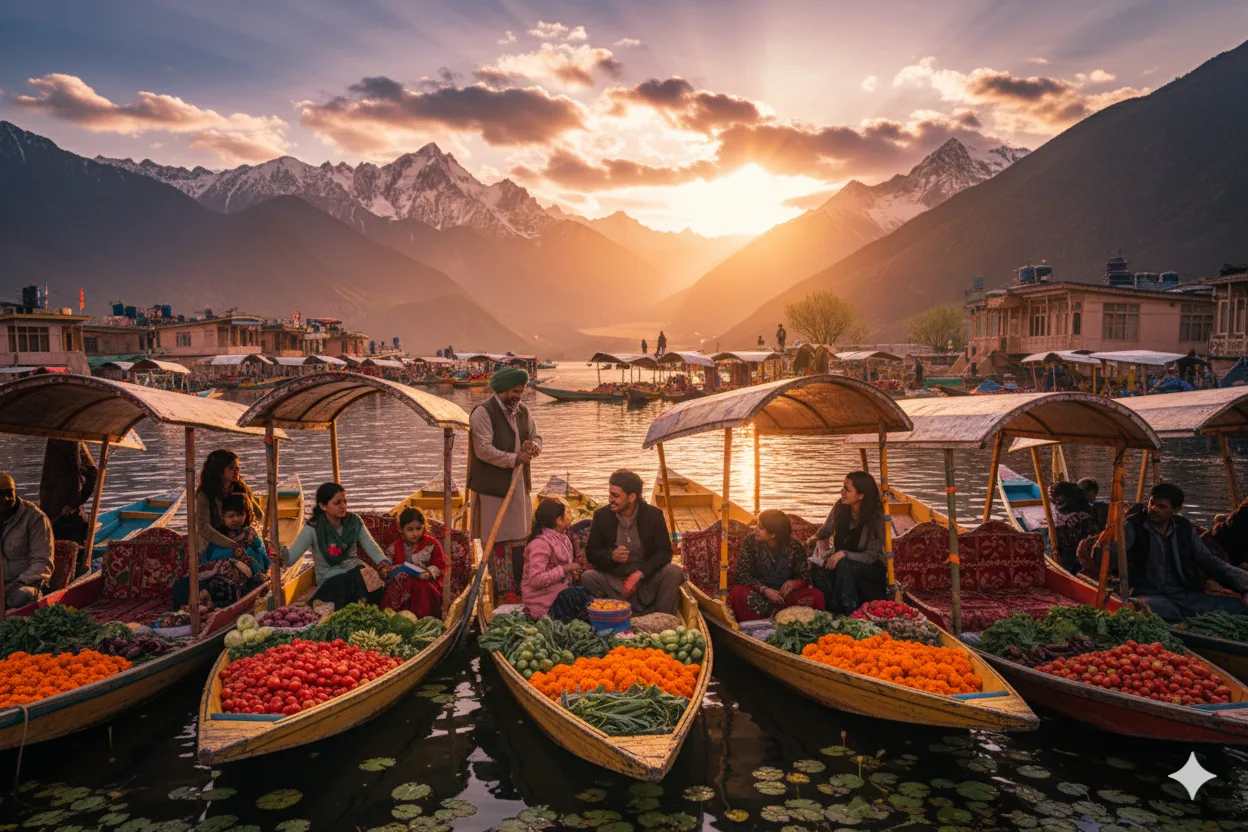 Floating vegetable market on Dal Lake at sunrise