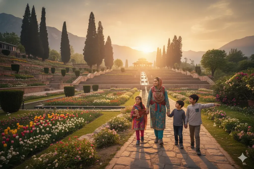 Family walking through a Mughal garden in Srinagar