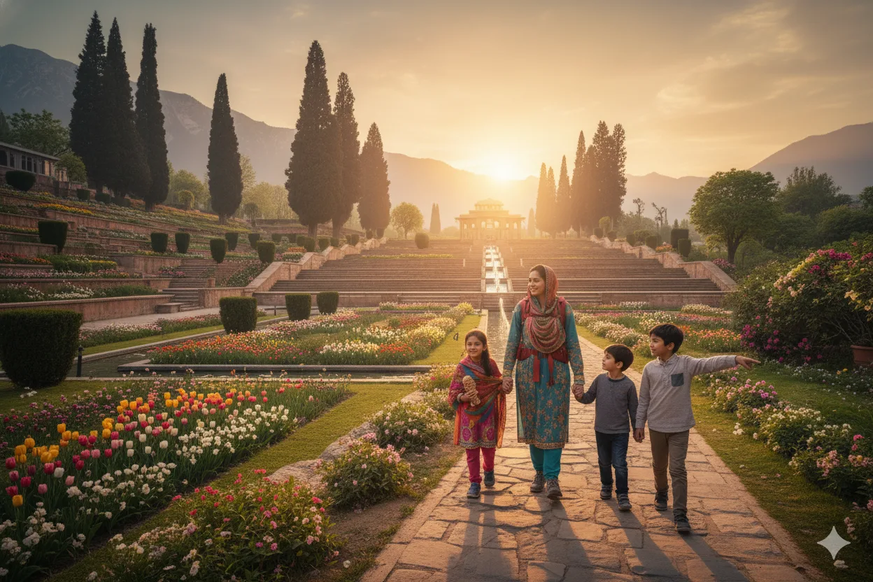Family walking through a Mughal garden in Srinagar