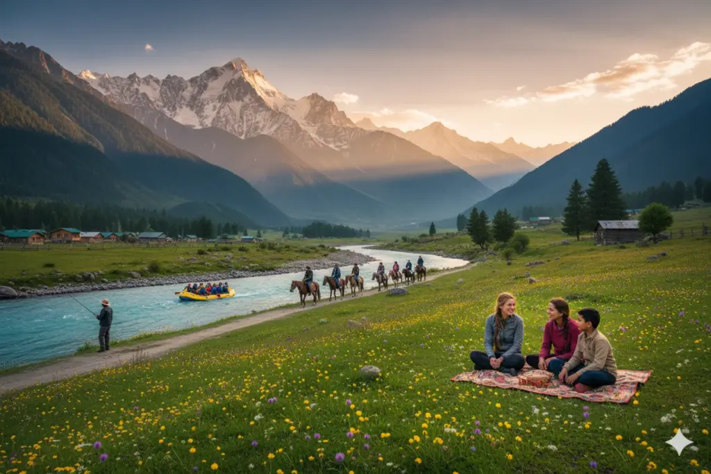 Family picnic by the river at Sonamarg