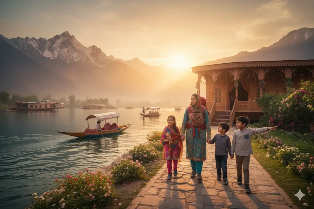 Family by Dal Lake at sunset with a Shikara and houseboats