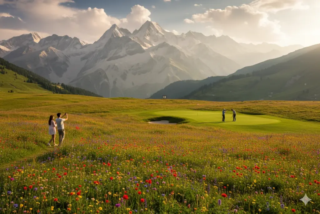 Visitors walking across Gulmarg's summer meadow