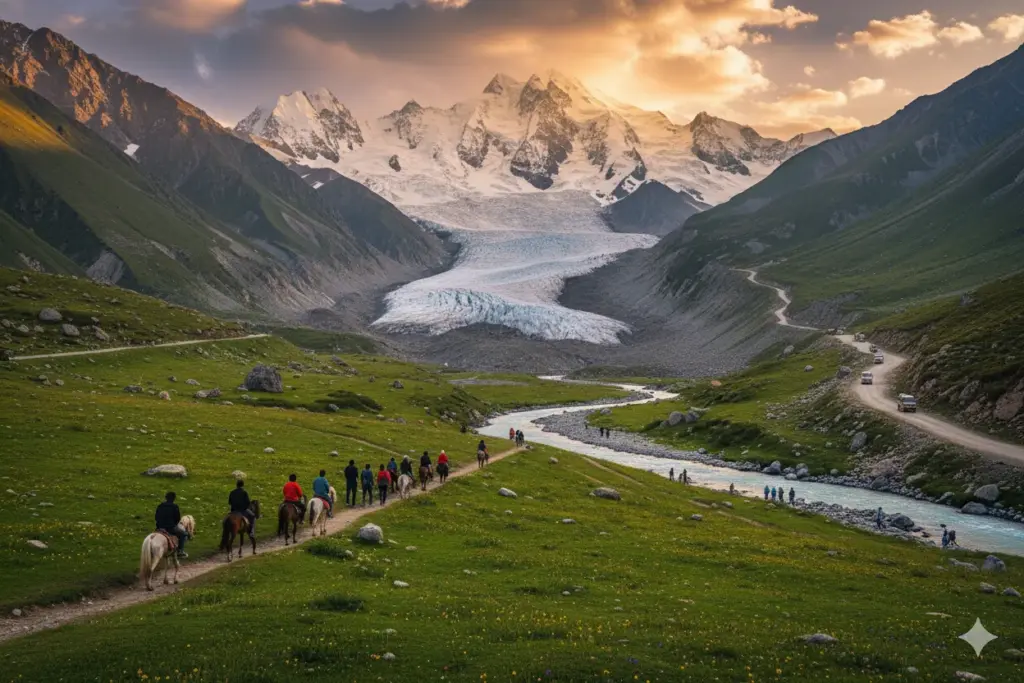 Pony riders heading towards Thajiwas Glacier, Sonamarg