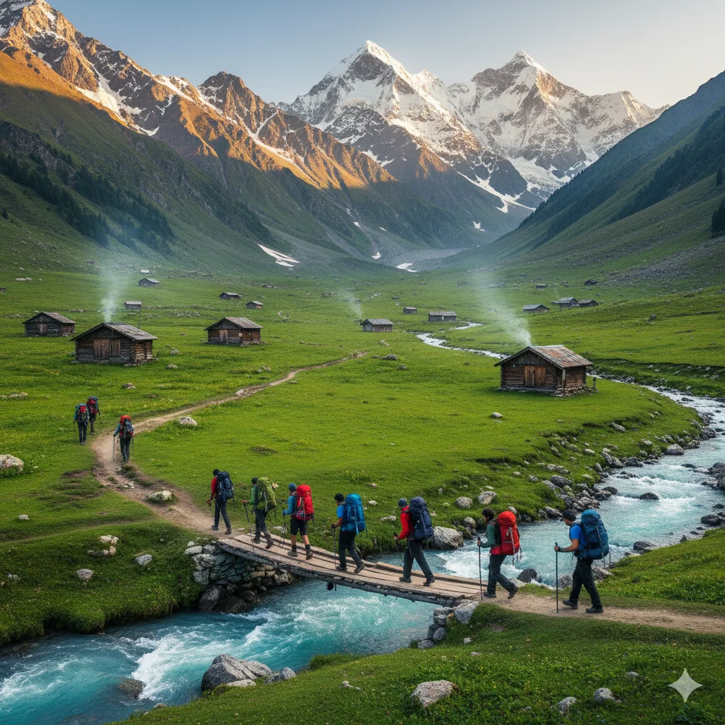 Trekkers crossing a meadow of log huts and streams near Pahalgam