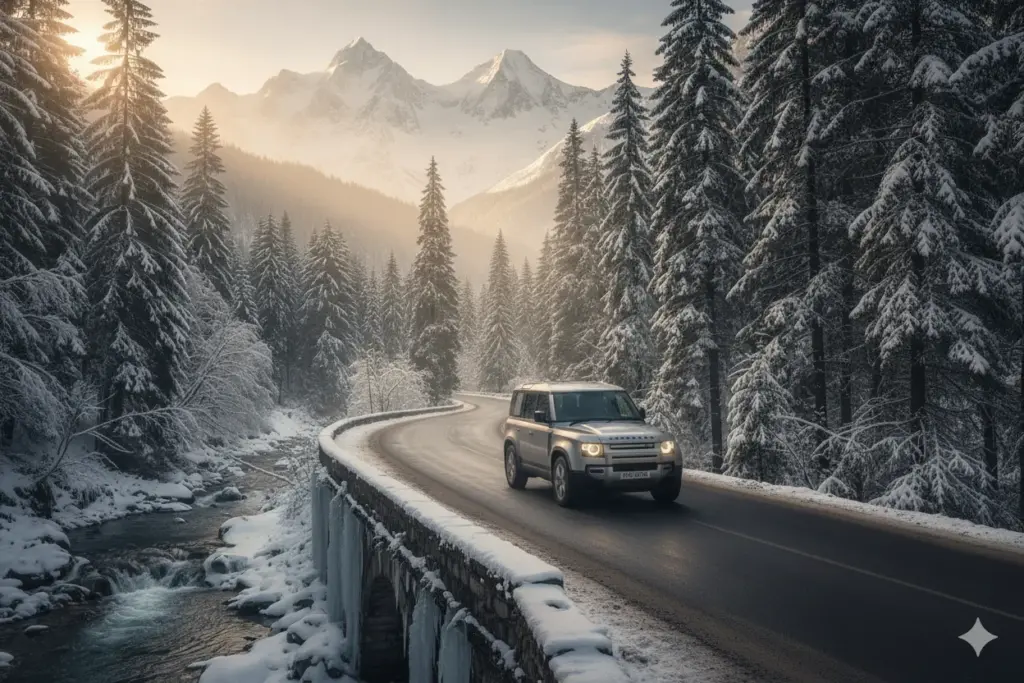 Snowy road through a pine forest