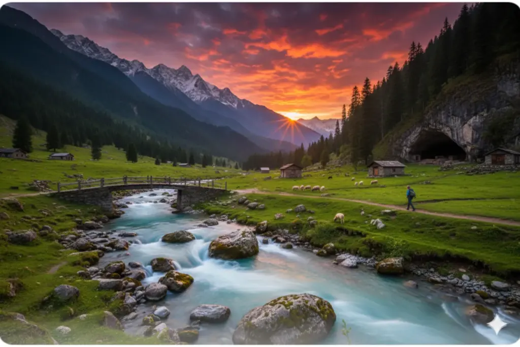 Lidder River winding through a meadow at sunset