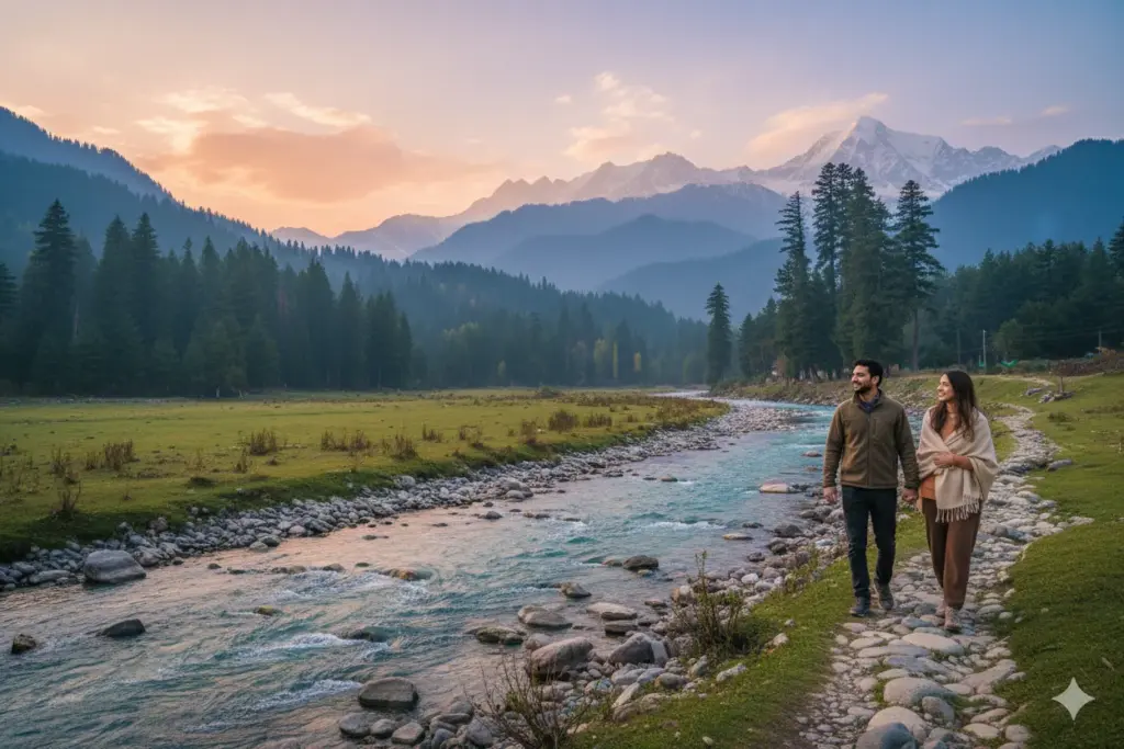 Couple walking beside a river in Betaab Valley