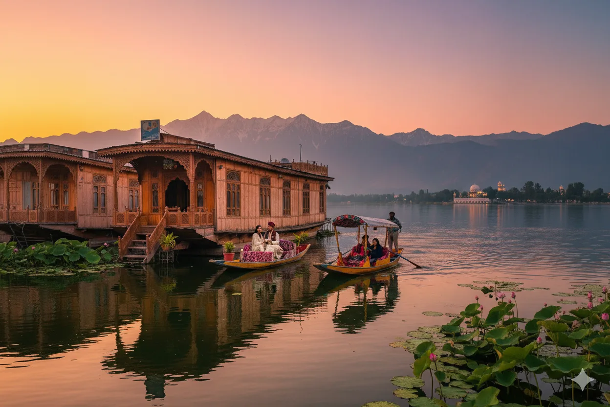Houseboat on Dal Lake at sunset