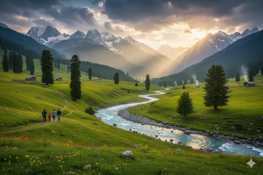 Stream winding through Doodhpathri's meadow