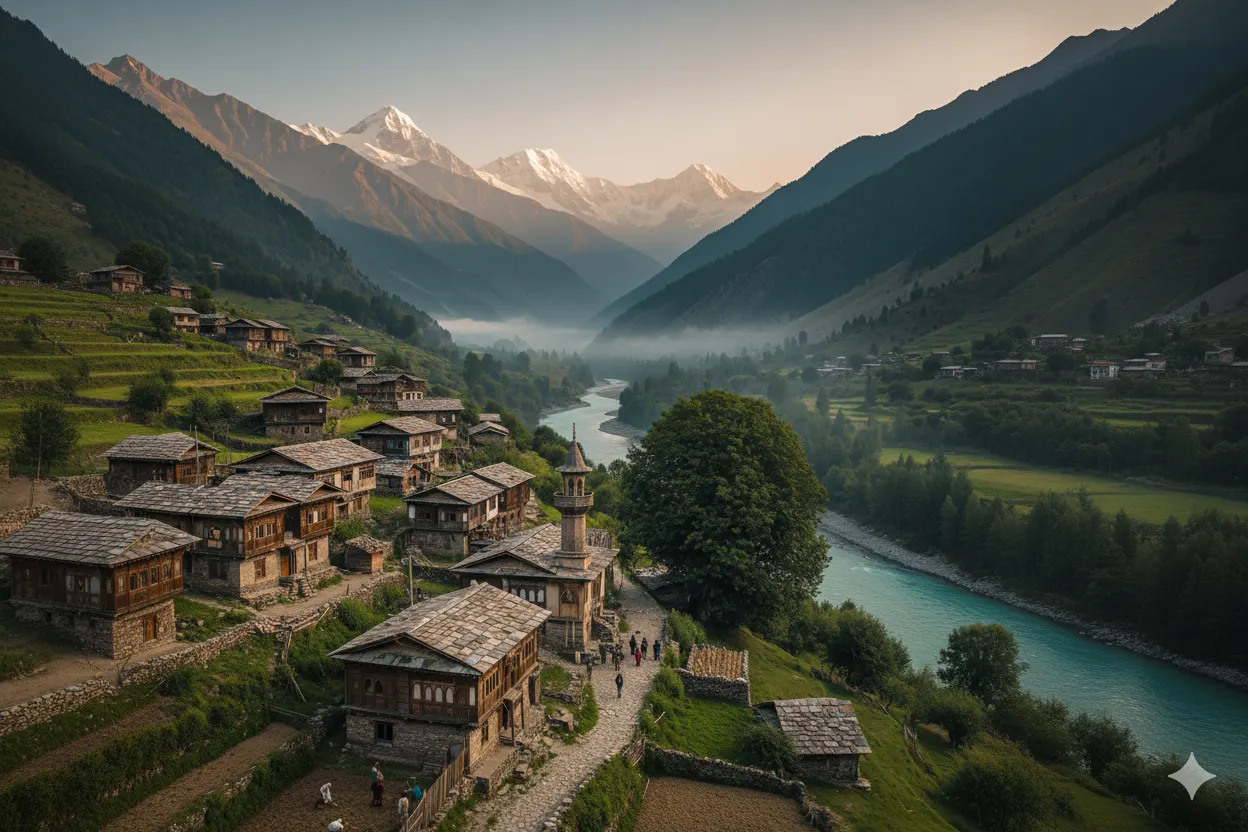 Wooden village houses beside a river in an offbeat Kashmir valley