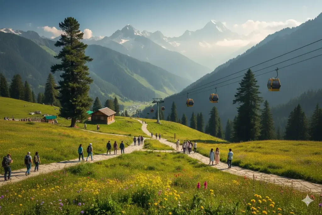 Gondola above Gulmarg's green meadow