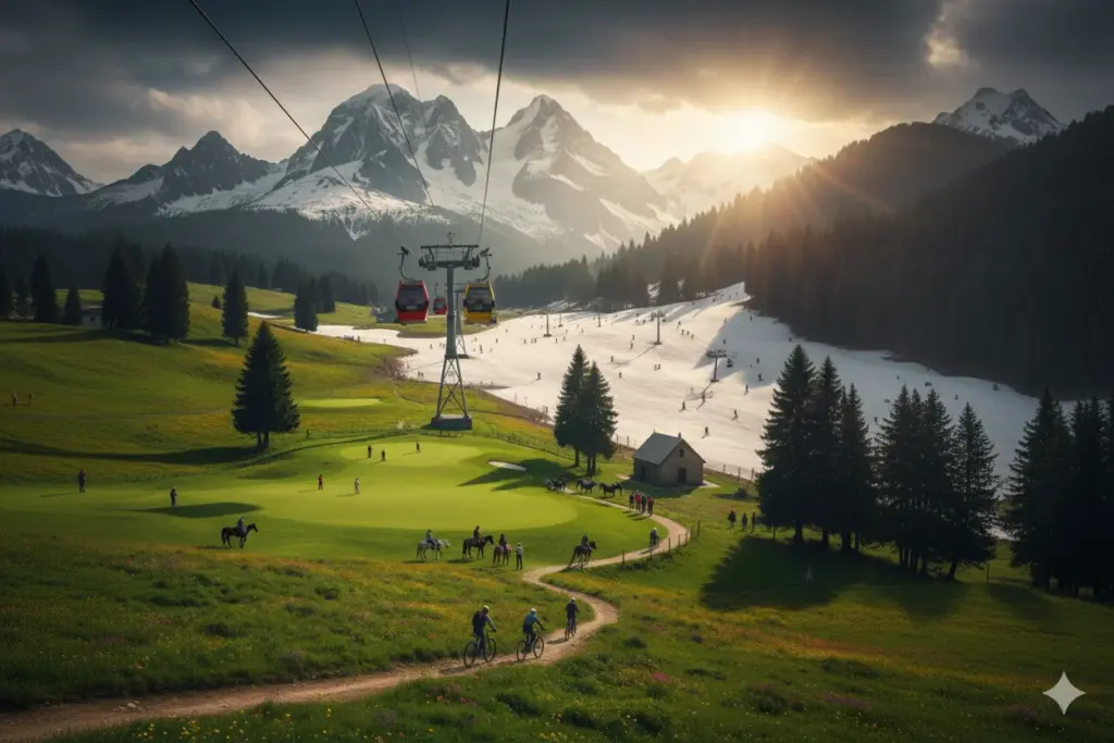 Ski lift above a snowy meadow in Gulmarg