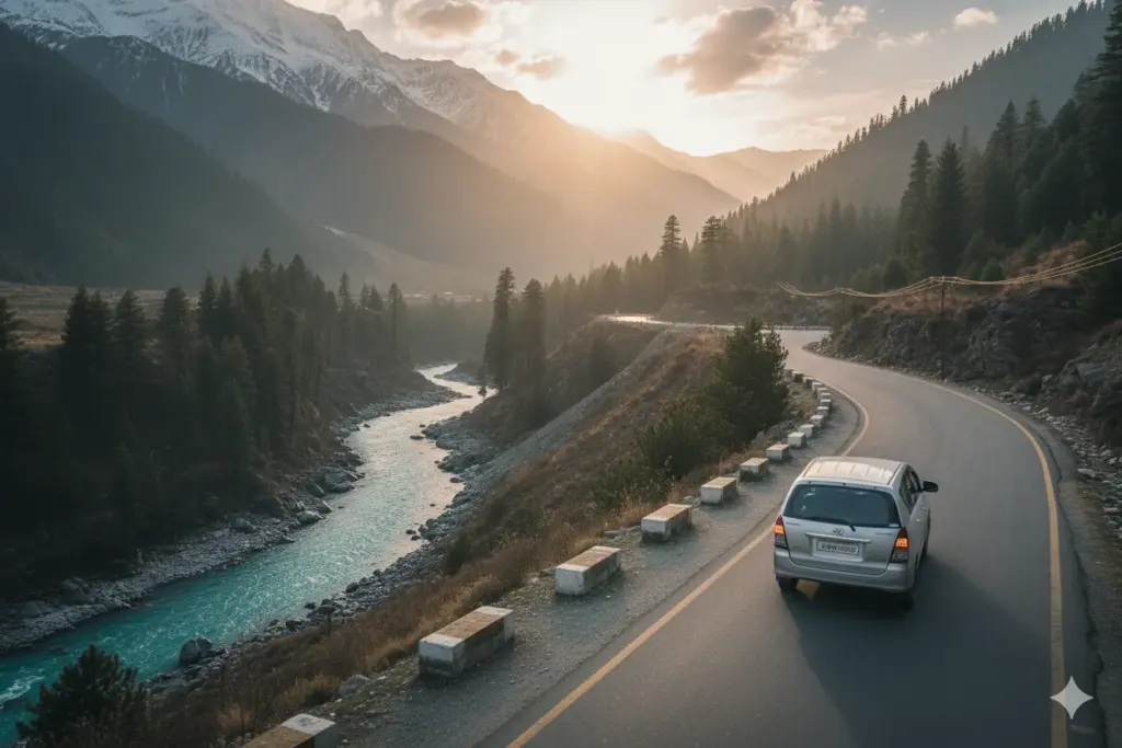 Car on a mountain road beside a river
