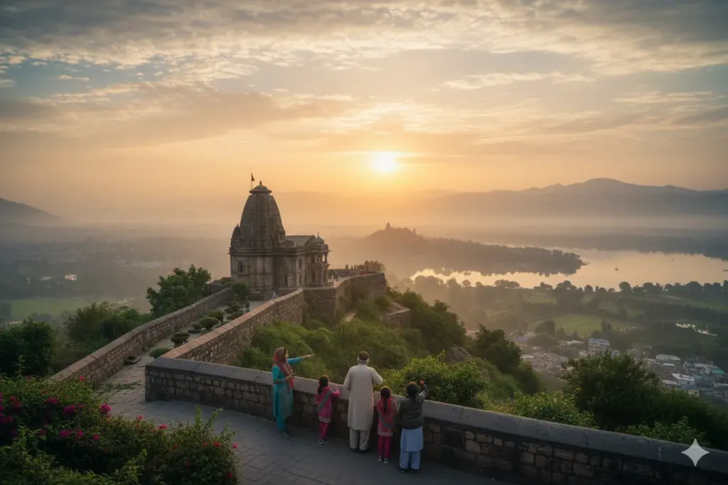 Hilltop temple overlooking Srinagar at sunset