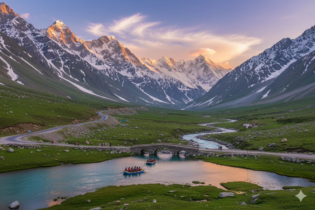 River meadow below snowy peaks at Sonamarg