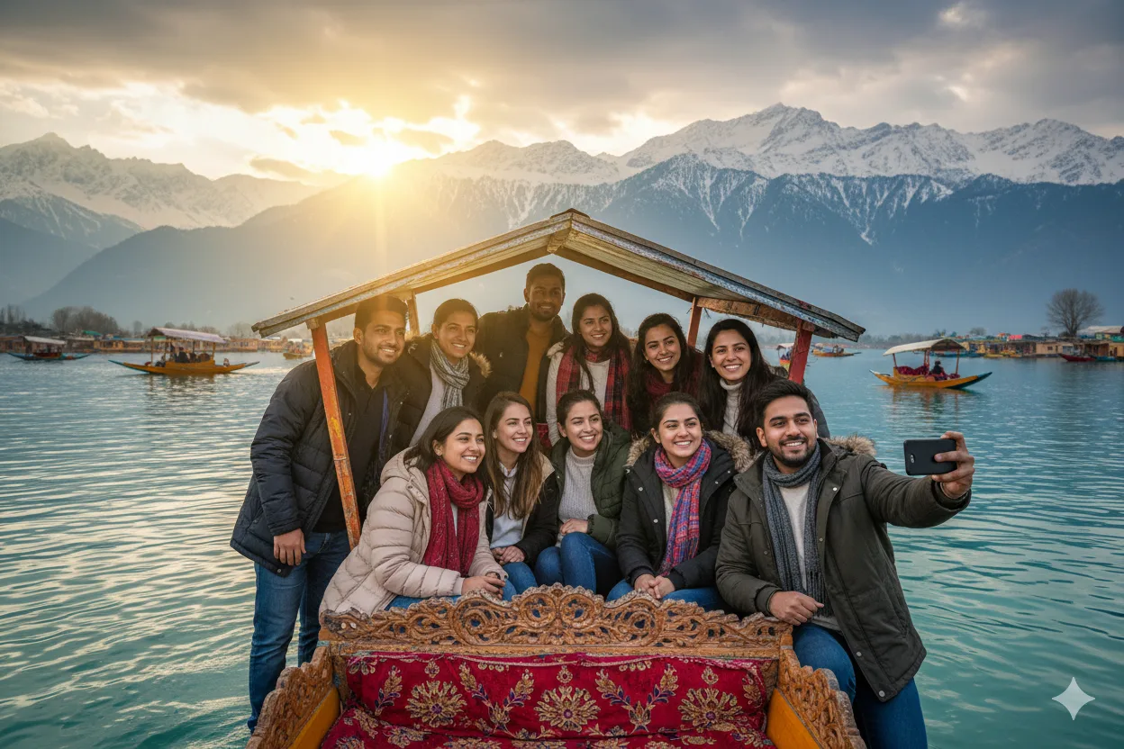 Group of travellers taking a selfie on a houseboat