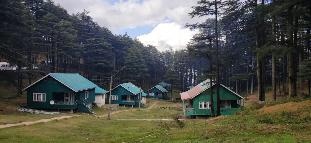 Hillside buildings among the pines at Patnitop
