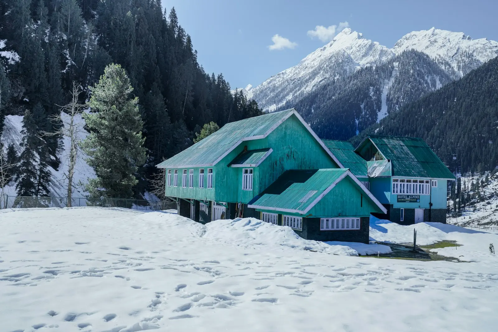 Green wooden house in the snow with pine trees, Aru Valley, Pahalgam