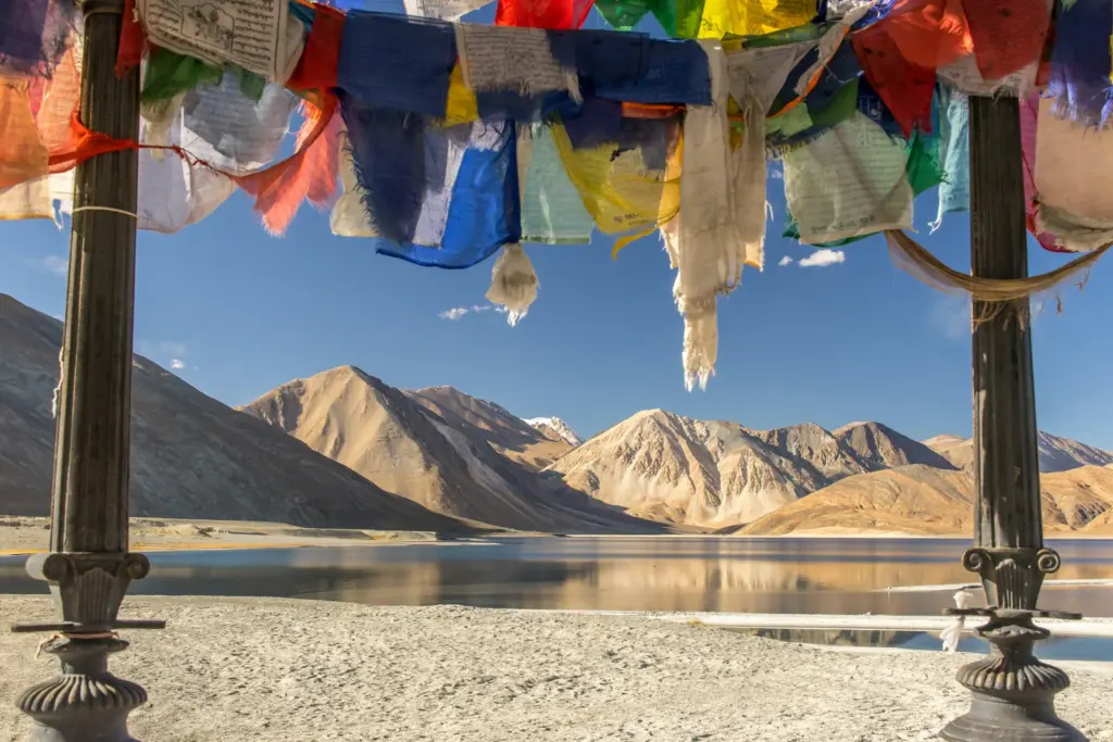 Prayer flags on the shore of Pangong Lake, Ladakh
