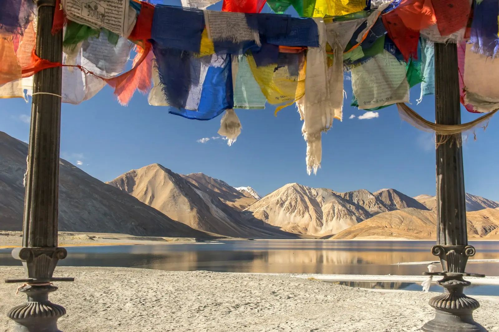 Prayer flags on the shore of Pangong Lake, Ladakh