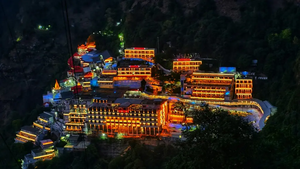Lights of the Vaishno Devi shrine and track on the Trikuta hills at night